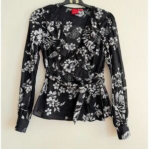 OSCAR De La RENTA Wrap Top Floral V Neck w/Ruffle Long Sleeve Size 4